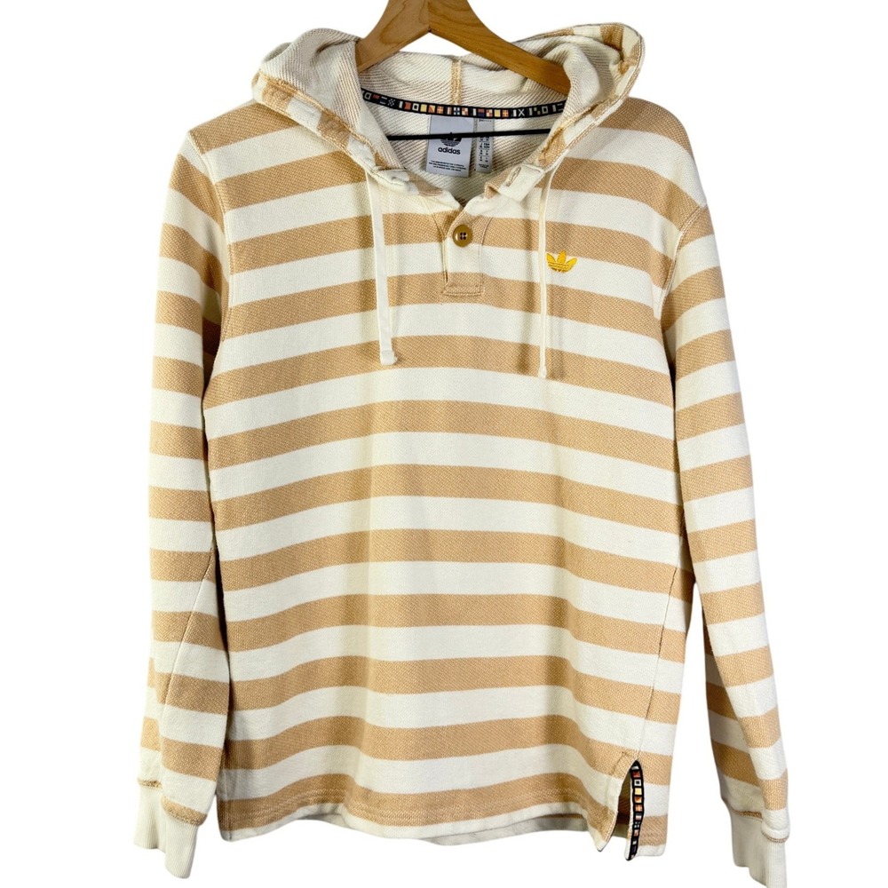 Adidas Originals‎ Mens Striped Henley Hoodie Tan Cream Trefoil Logo Medium